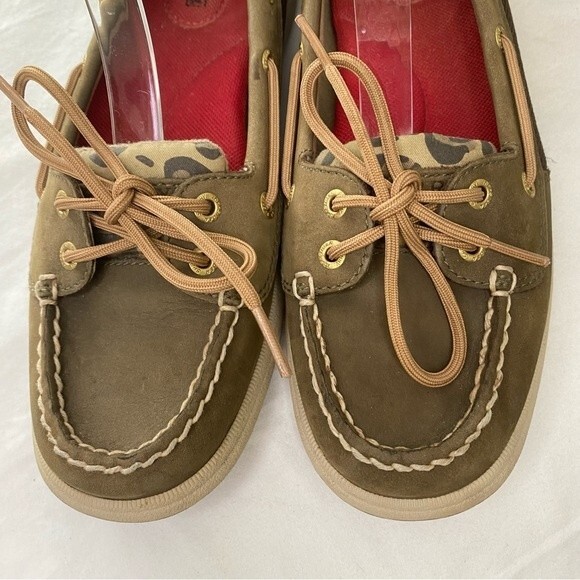 Sperry Top Sider Leather Tan Brown Boat Shoe with Animal Print Accent Size 8.5M - Picture 5 of 14